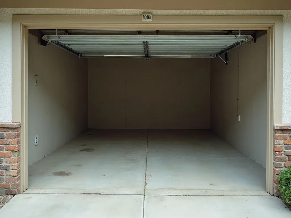 A two-car garage completely empty with a clean swept concrete floor
