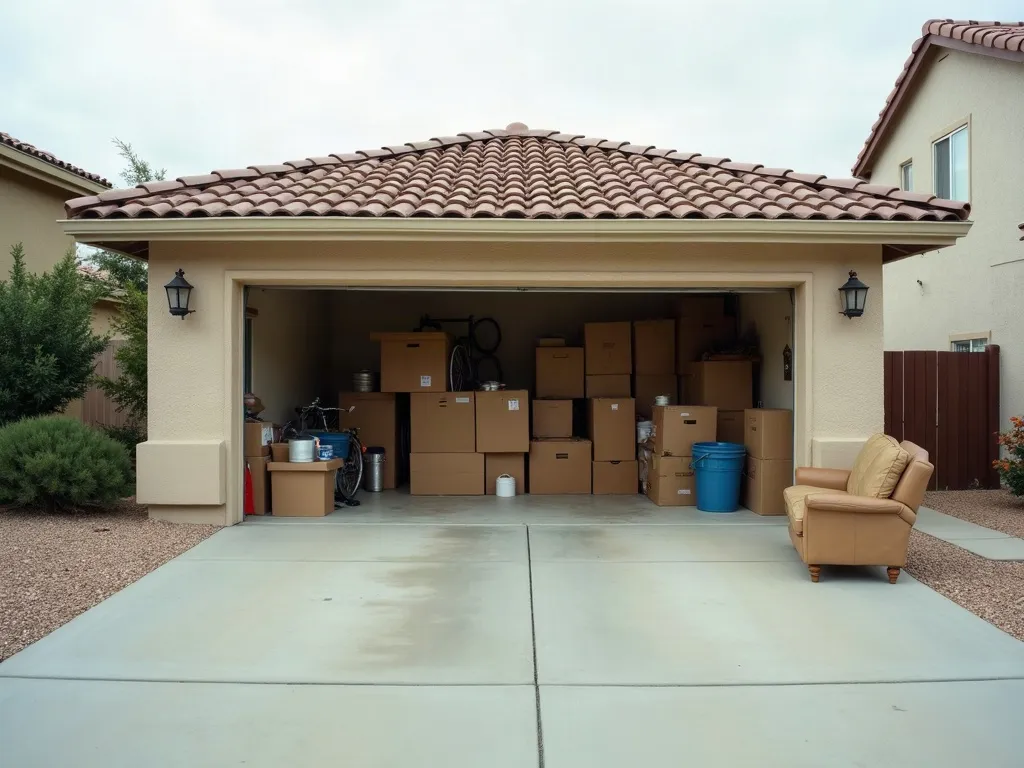 A suburban two-car garage packed wall to wall with cardboard boxes, storage totes, a bicycle and household clutter, with an armchair standing out on the driveway