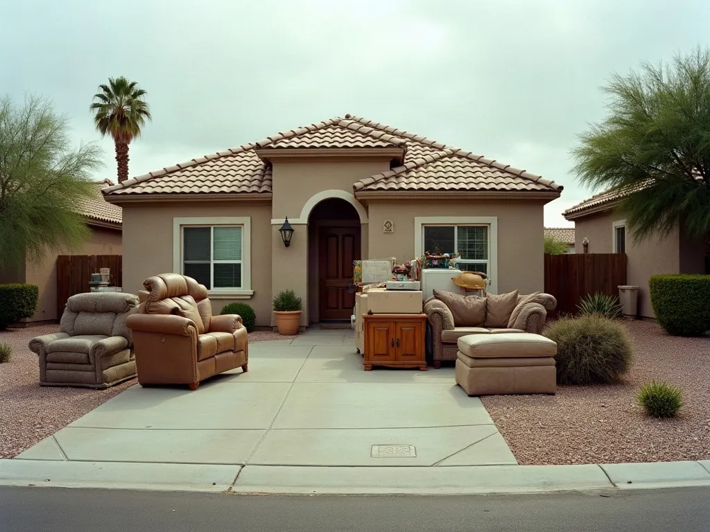 Household furniture and belongings staged on a driveway ready to be loaded