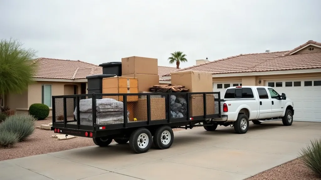 An open utility trailer with mesh side rails loaded with boxes and household junk, hitched to a pickup truck on a driveway