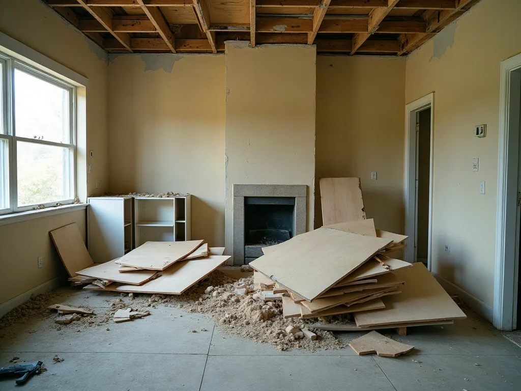 Renovation debris including drywall, lumber and flooring piled for removal