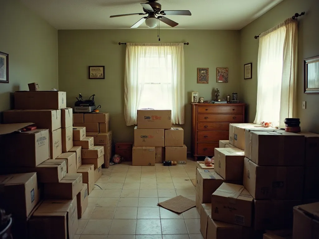 A room of mixed household contents, furniture and packed boxes mid-cleanout