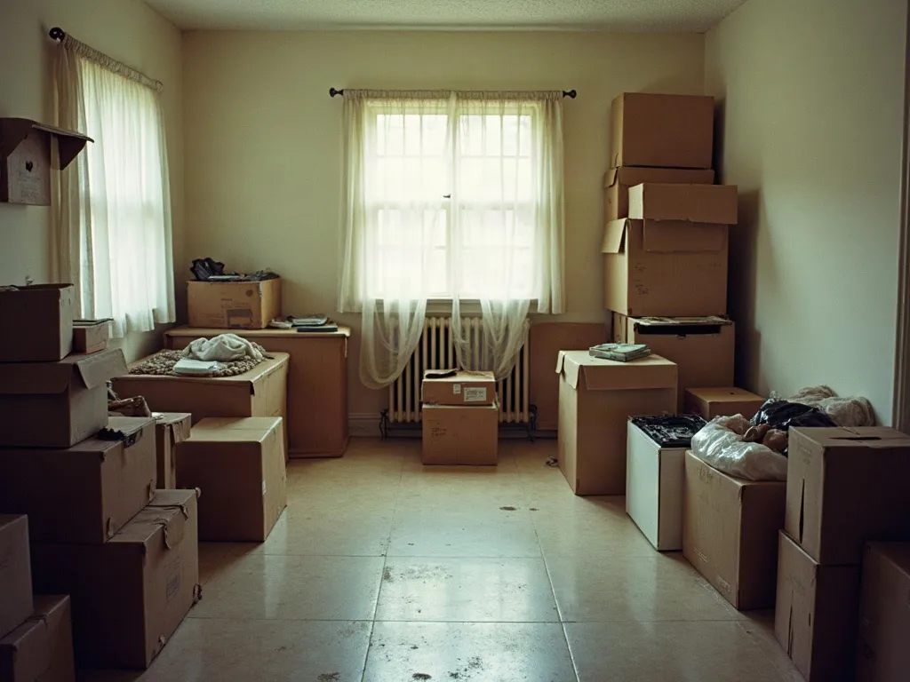 A room part way through a careful cleanout, belongings sorted into groups with bare floor showing