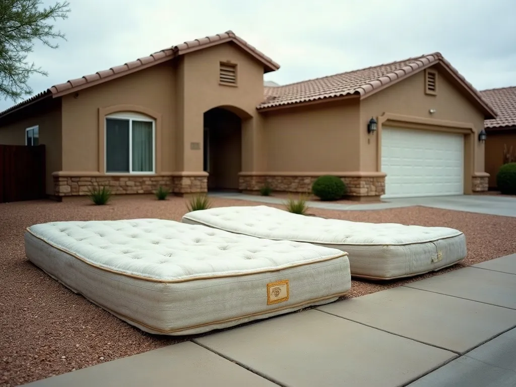 A mattress and box spring laid out on a driveway ready for collection