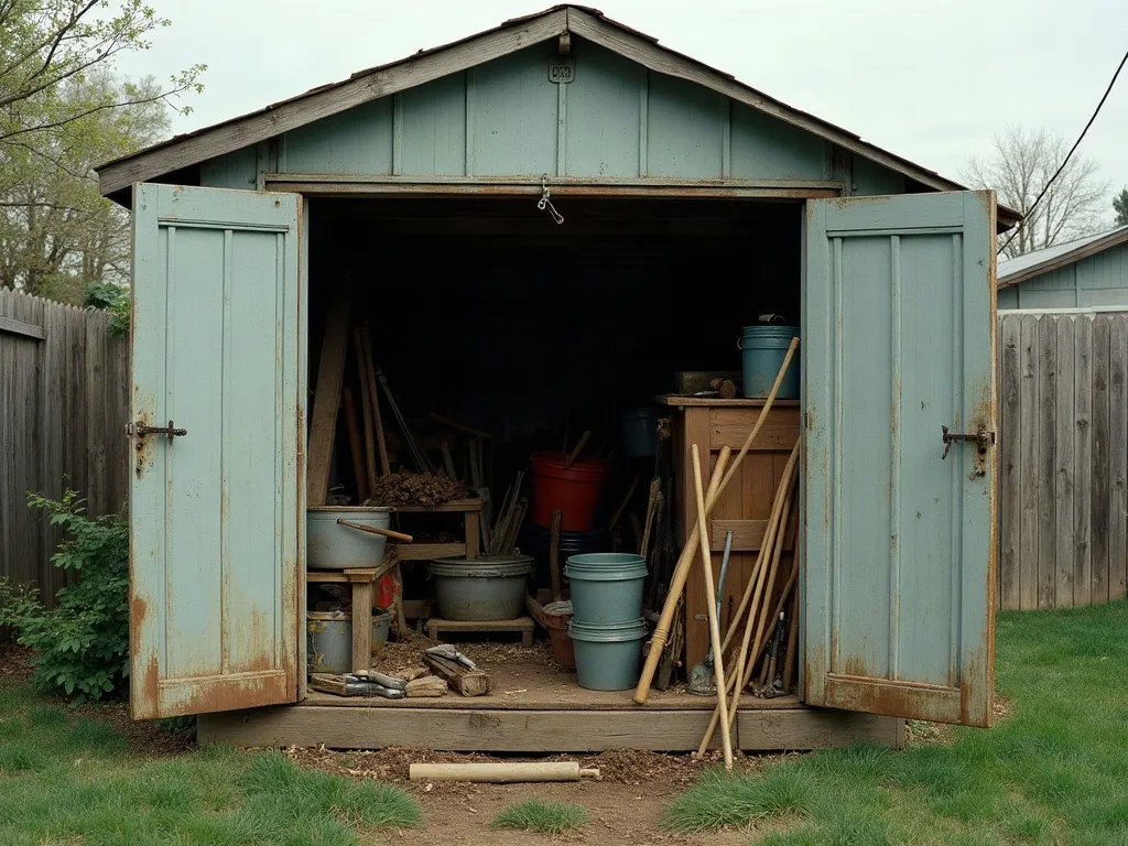 An old backyard shed emptied and ready to be dismantled