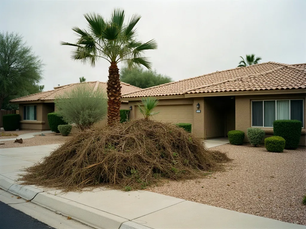 Branches, palm fronds and green waste gathered beside a driveway